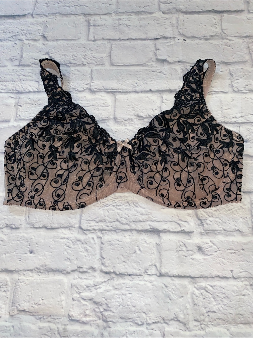 Amoureuse Underwire Lace-Embroidered Rose Beige/Black Bra Size 44DD
